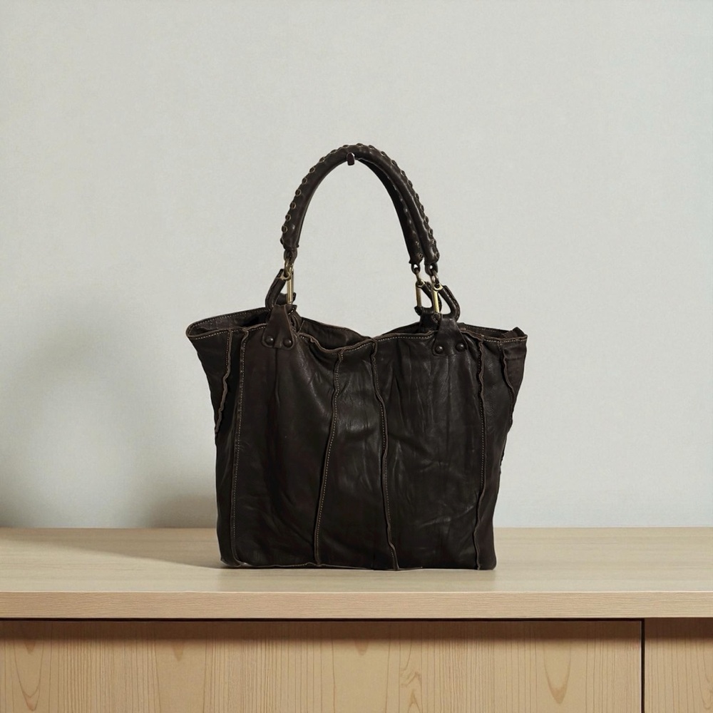 Vintage Ellen Tracy Brown Leather Tote Bag - Braided Handles